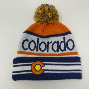 Colorado Limited Beanie Hat Pom Pom Knit Cuffed Blue Orange White